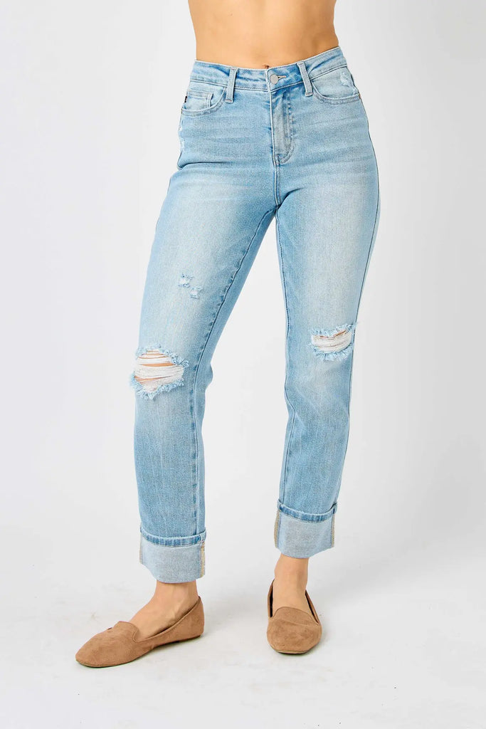 Judy Blue MR Americana Flag Cuff Boyfriend Jeans  -Jeans-Judy Blue-Three Birdies Boutique, Women's Fashion Boutique Located in Kearney, MO