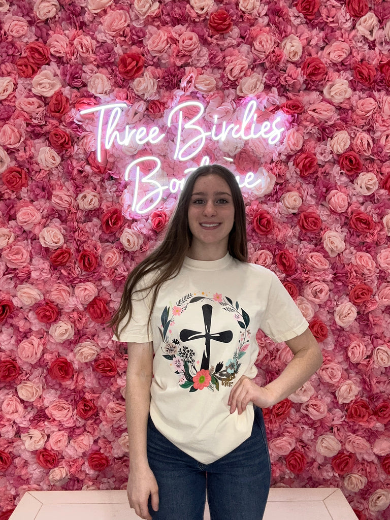 Floral Cross Graphic Tee-Graphic Tees-Tres Birdos Graphic Tees-Three Birdies Boutique, Women's Fashion Boutique Located in Kearney, MO