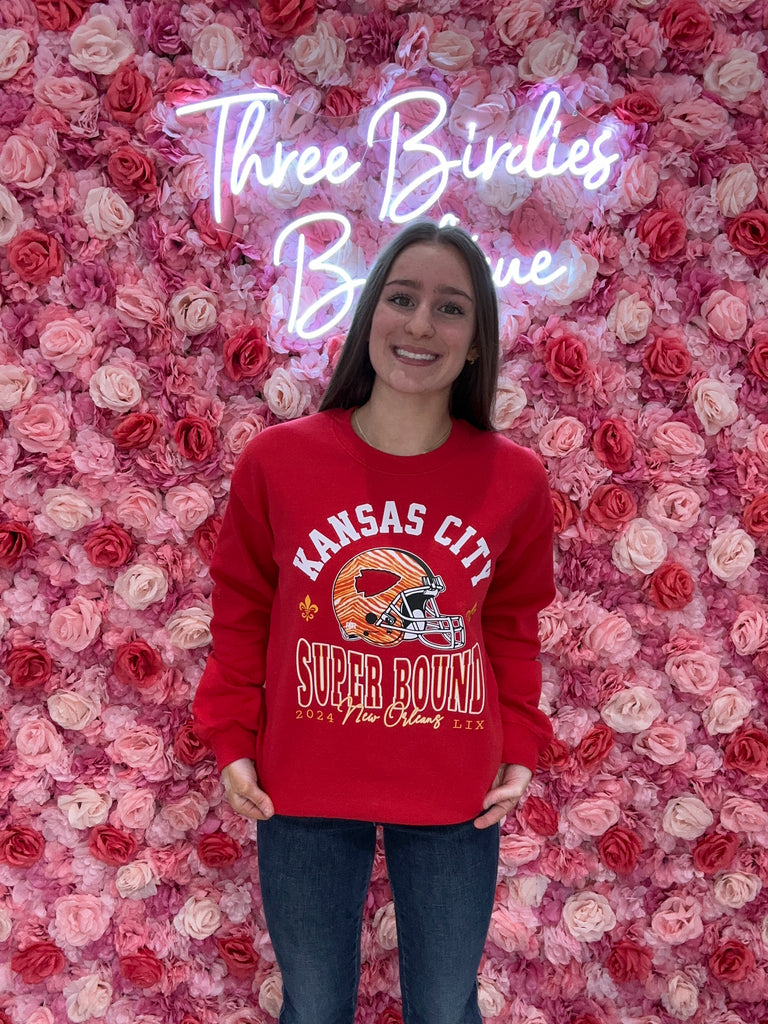 KC Super-Bound Red Crewneck-Graphic Tees-Tres Birdos Graphic Tees-Three Birdies Boutique, Women's Fashion Boutique Located in Kearney, MO