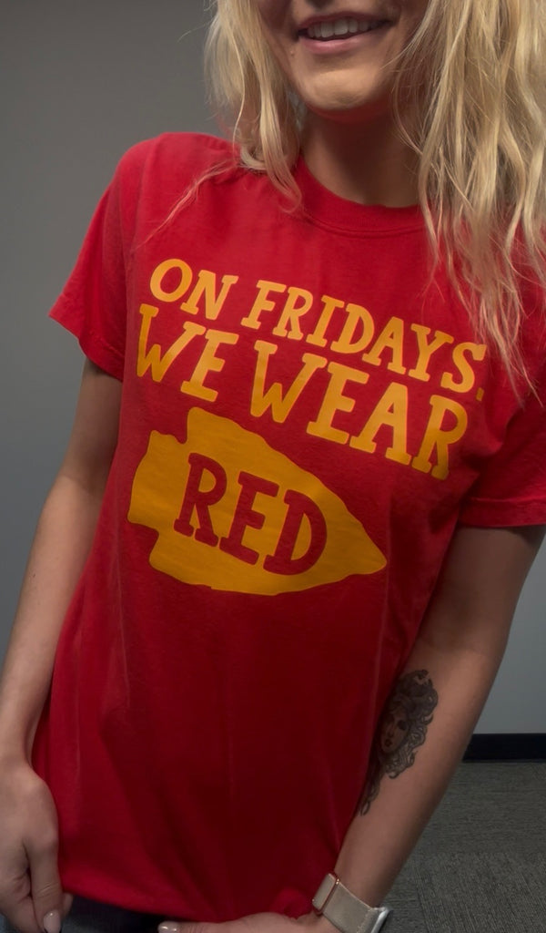 On Fridays We Wear RED-Graphic Tees-Tres Birdos Graphic Tees-Three Birdies Boutique, Women's Fashion Boutique Located in Kearney, MO
