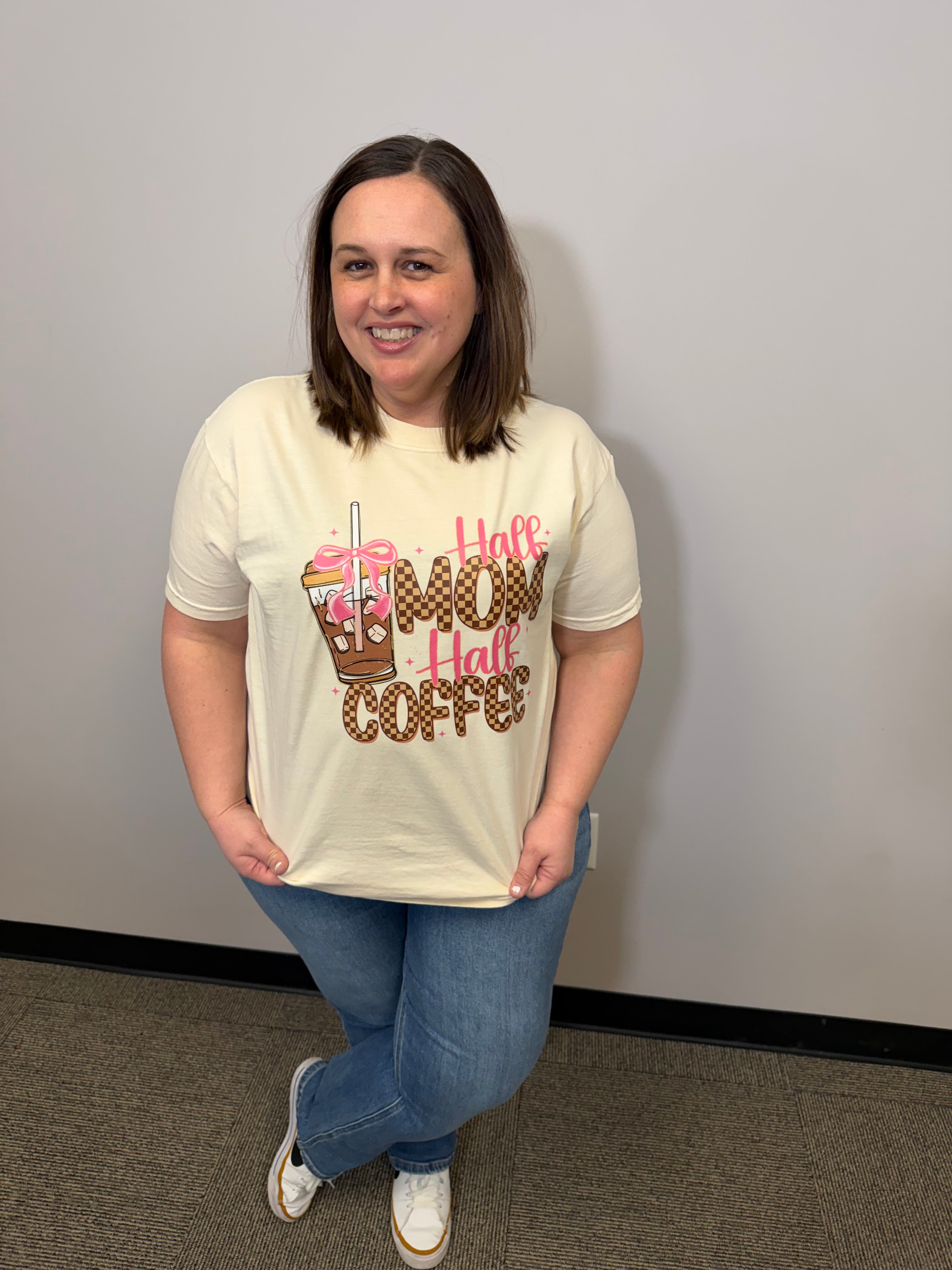 Half Mom Half Coffee Crewneck-Graphic Tees-Tres Birdos Graphic Tees-Three Birdies Boutique, Women's Fashion Boutique Located in Kearney, MO