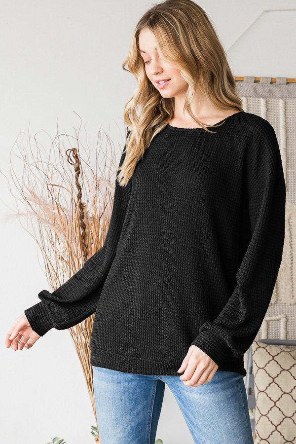 Black Waffle Knit Top-Shirts & Tops-Heimish-Three Birdies Boutique, Women's Fashion Boutique Located in Kearney, MO