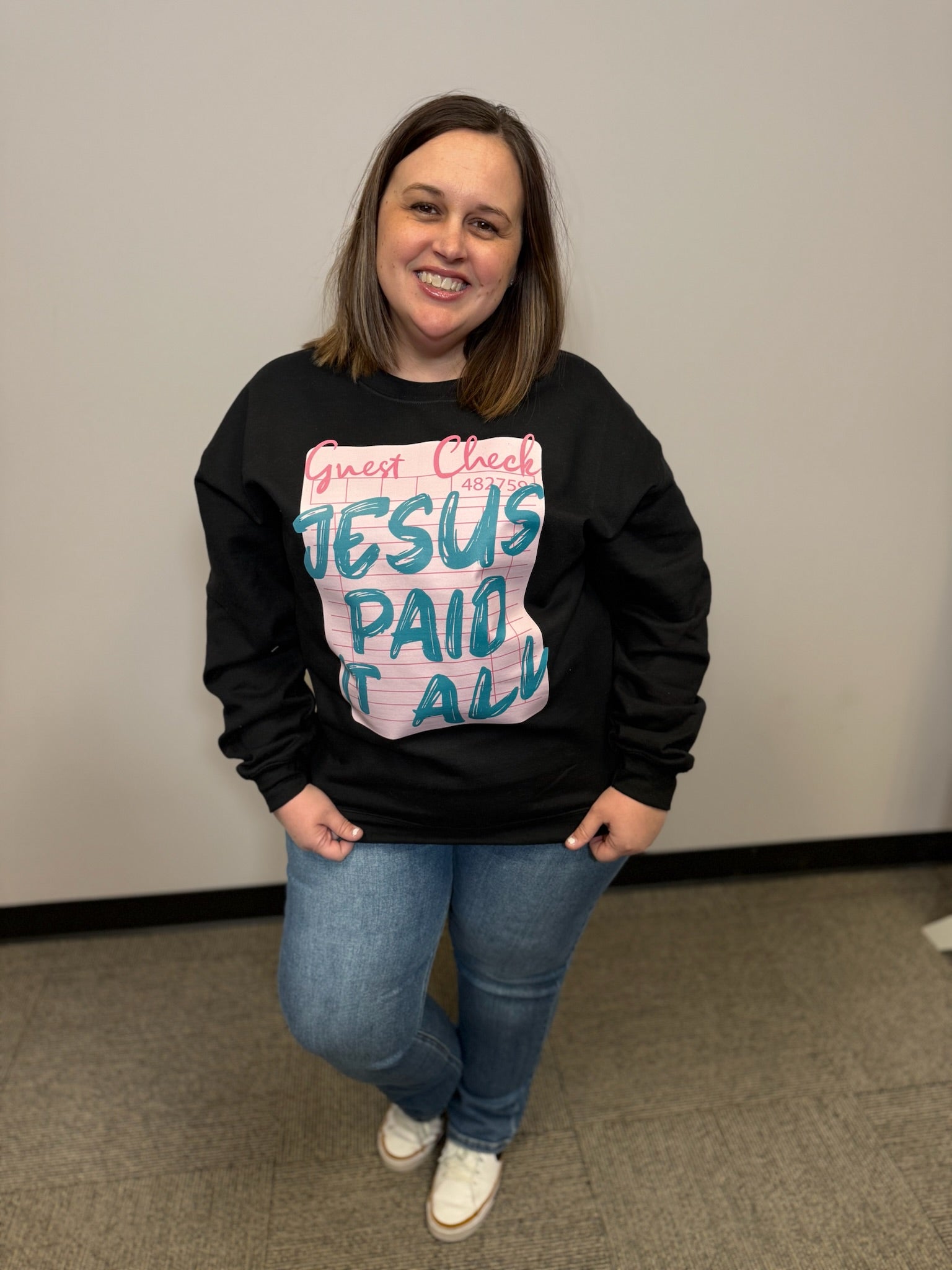 Jesus Paid The Check Crewneck-Graphic Tees-Tres Birdos Graphic Tees-Three Birdies Boutique, Women's Fashion Boutique Located in Kearney, MO
