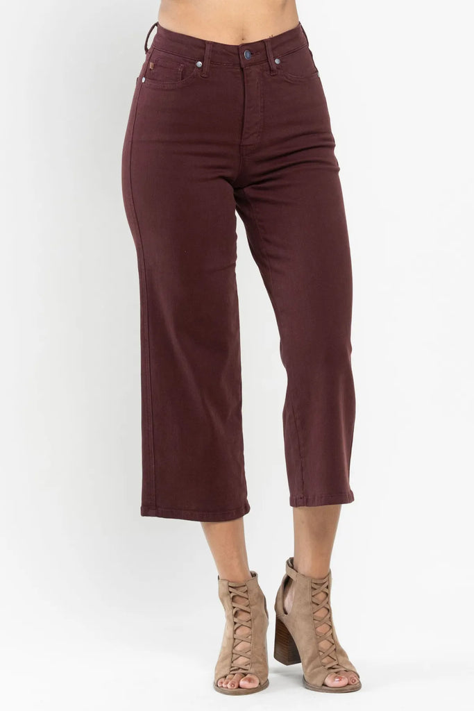 Judy Blue Cropped Wide Leg in Oxblood-Denim-Judy Blue-Three Birdies Boutique, Women's Fashion Boutique Located in Kearney, MO