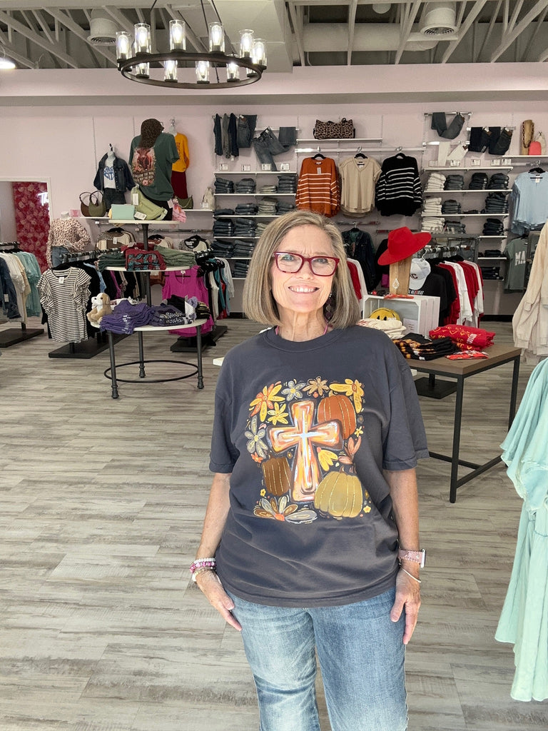 Cross & Pumpkins on Graphite-Graphic Tees-Tres Birdos Graphic Tees-Three Birdies Boutique, Women's Fashion Boutique Located in Kearney, MO