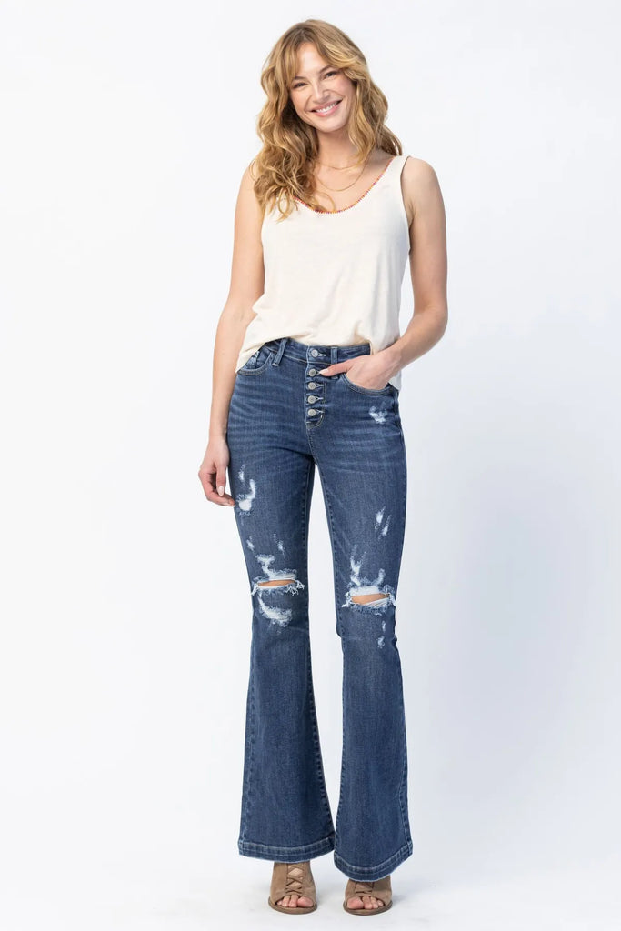 Judy Blue Button Fly Distressed Trouser Flare-Denim-Judy Blue-Three Birdies Boutique, Women's Fashion Boutique Located in Kearney, MO