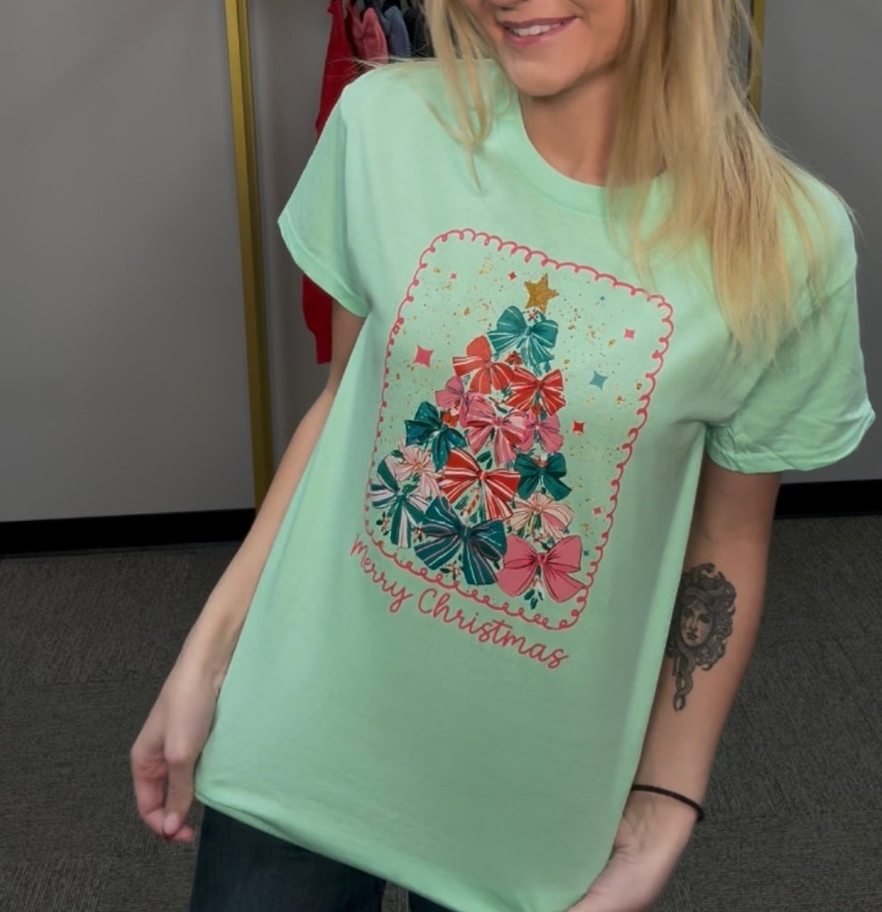 Merry Christmas Bow Tree Tee-Graphic Tees-Tres Birdos Graphic Tees-Three Birdies Boutique, Women's Fashion Boutique Located in Kearney, MO