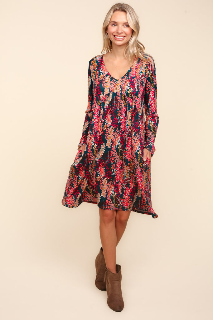 Fall Floral Babydoll Dress in Hunter Green & Berry-Dresses-Haptics-Three Birdies Boutique, Women's Fashion Boutique Located in Kearney, MO
