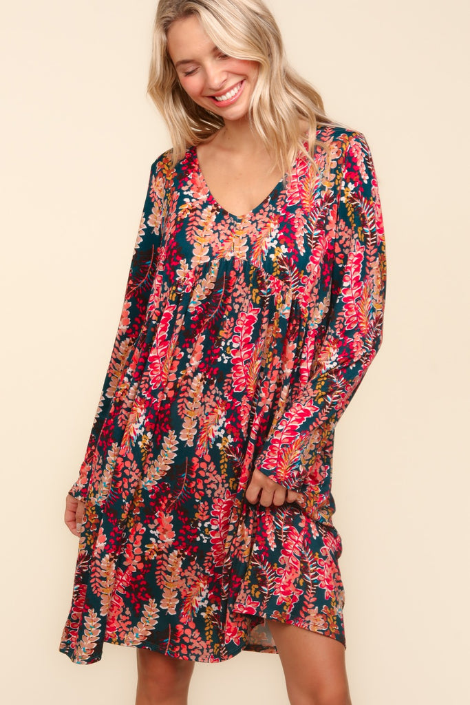 Fall Floral Babydoll Dress in Hunter Green & Berry-Dresses-Haptics-Three Birdies Boutique, Women's Fashion Boutique Located in Kearney, MO