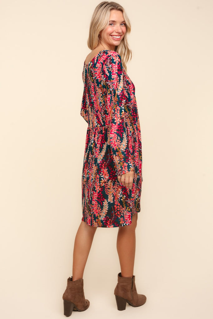 Fall Floral Babydoll Dress in Hunter Green & Berry-Dresses-Haptics-Three Birdies Boutique, Women's Fashion Boutique Located in Kearney, MO