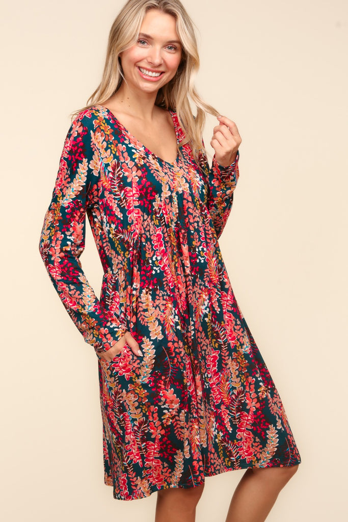 Fall Floral Babydoll Dress in Hunter Green & Berry-Dresses-Haptics-Three Birdies Boutique, Women's Fashion Boutique Located in Kearney, MO