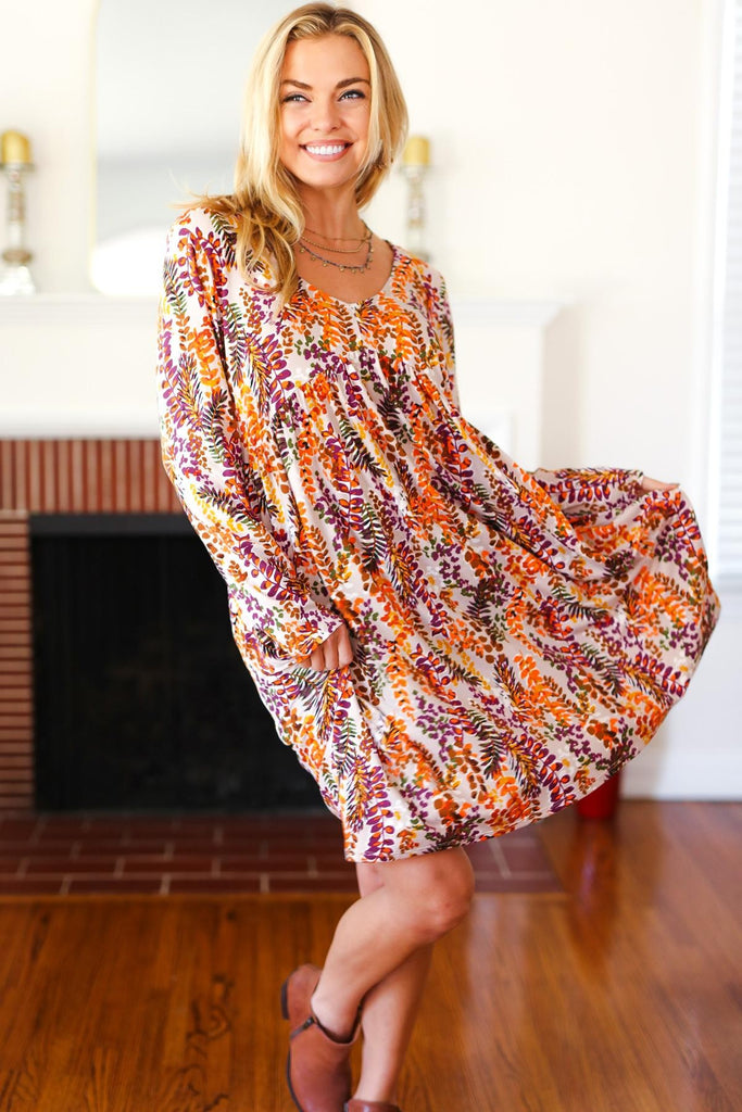 Fall Floral Babydoll Dress in Taupe & Rust-Dresses-Haptics-Three Birdies Boutique, Women's Fashion Boutique Located in Kearney, MO