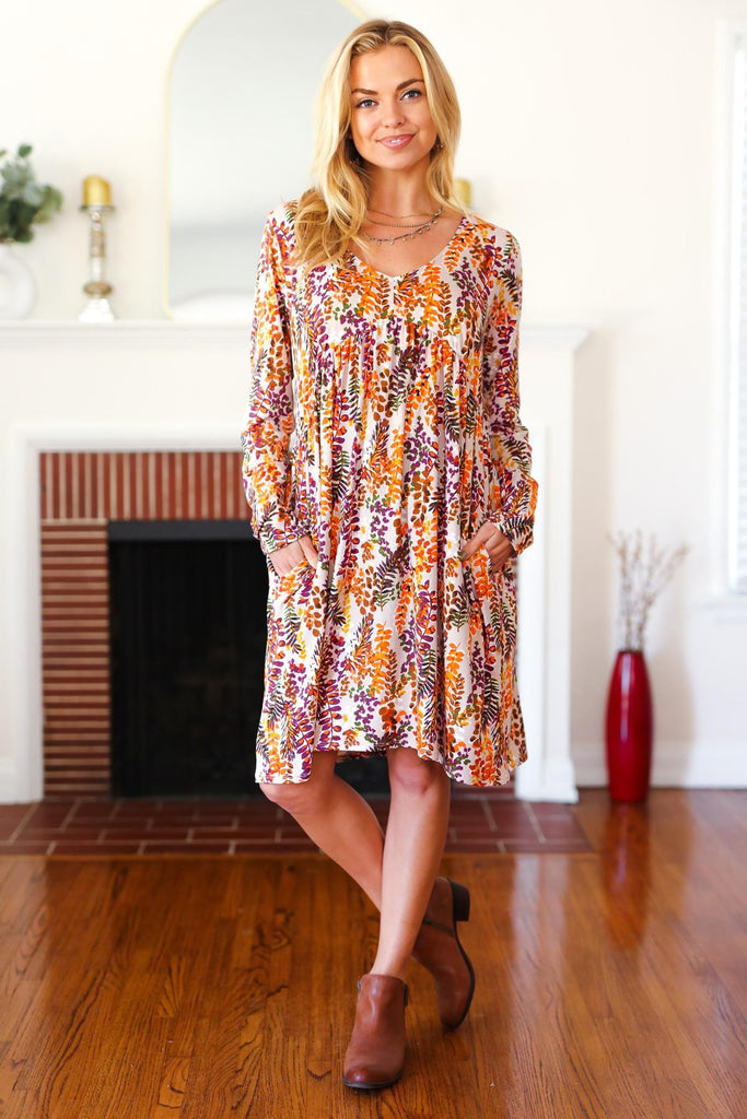Fall Floral Babydoll Dress in Taupe & Rust-Dresses-Haptics-Three Birdies Boutique, Women's Fashion Boutique Located in Kearney, MO