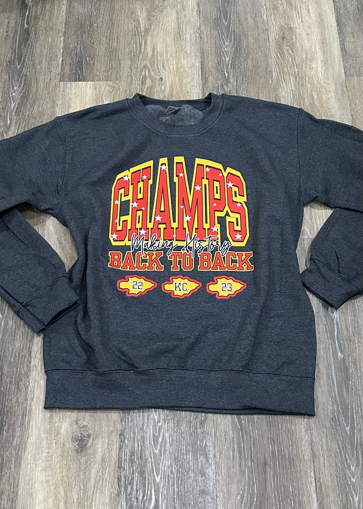 Back to Back Champs Crewneck-Graphic Sweaters-Tres Birdos Graphic Tees-Three Birdies Boutique, Women's Fashion Boutique Located in Kearney, MO