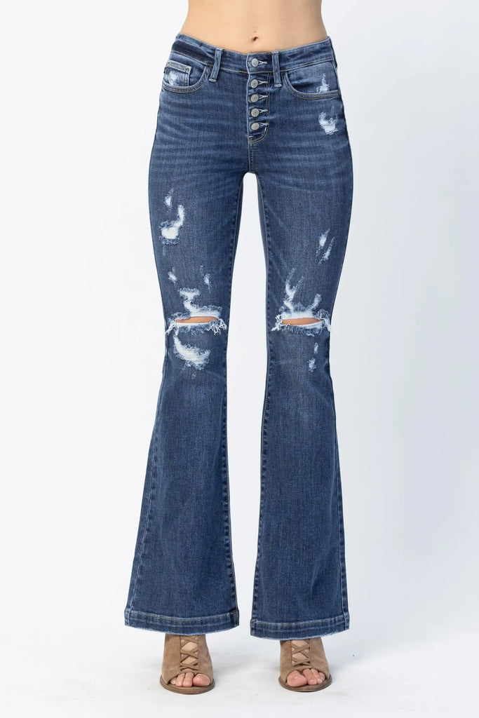 Judy Blue Button Fly Distressed Trouser Flare-Denim-Judy Blue-Three Birdies Boutique, Women's Fashion Boutique Located in Kearney, MO