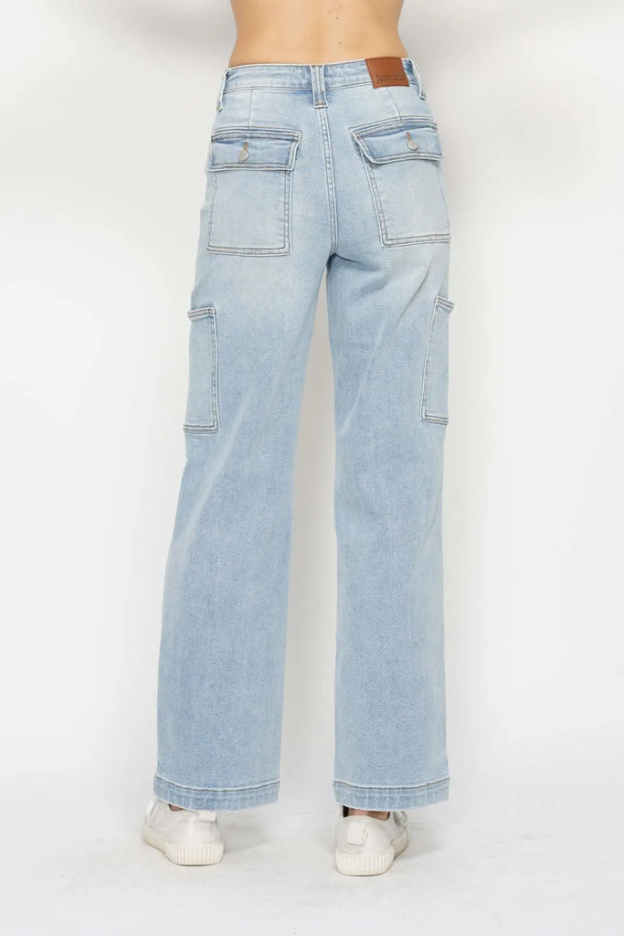 Judy Blue HW Cargo Wide Leg Jeans in Light Wash-Denim-Judy Blue-Three Birdies Boutique, Women's Fashion Boutique Located in Kearney, MO
