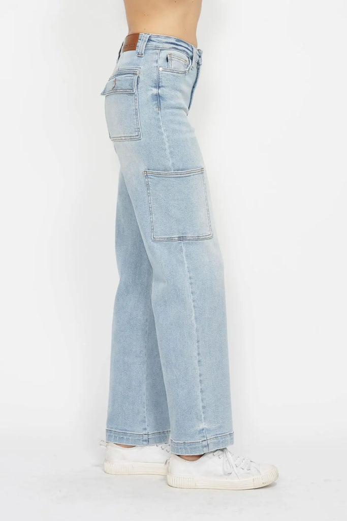 Judy Blue HW Cargo Wide Leg Jeans in Light Wash-Denim-Judy Blue-Three Birdies Boutique, Women's Fashion Boutique Located in Kearney, MO