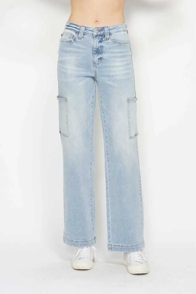 Judy Blue HW Cargo Wide Leg Jeans in Light Wash-Denim-Judy Blue-Three Birdies Boutique, Women's Fashion Boutique Located in Kearney, MO