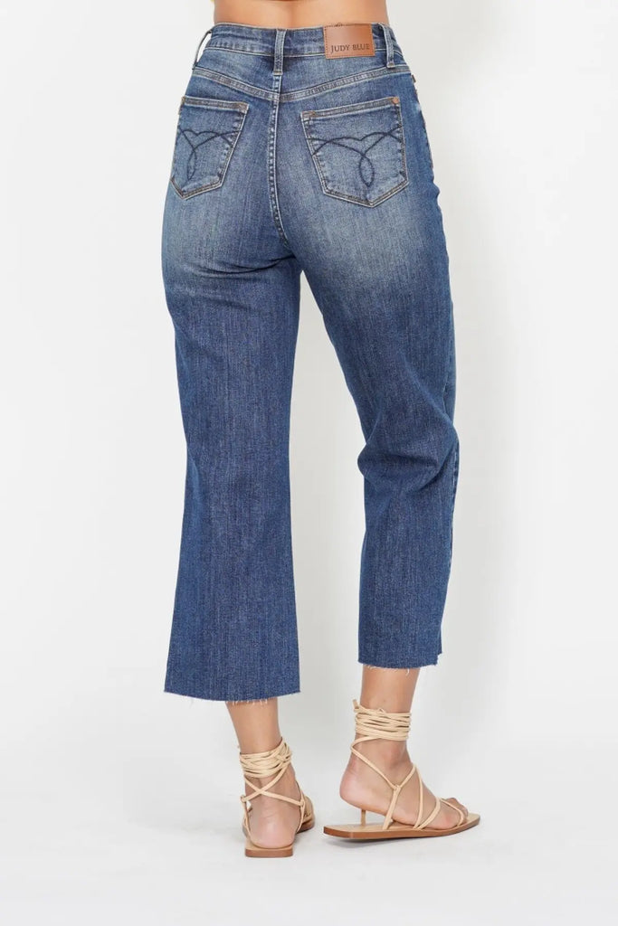Judy Blue HW Back Pocket Embroidery Crop Wide Leg-Denim-Judy Blue-Three Birdies Boutique, Women's Fashion Boutique Located in Kearney, MO
