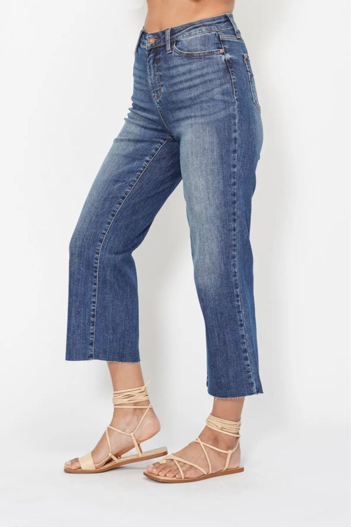 Judy Blue HW Back Pocket Embroidery Crop Wide Leg-Denim-Judy Blue-Three Birdies Boutique, Women's Fashion Boutique Located in Kearney, MO
