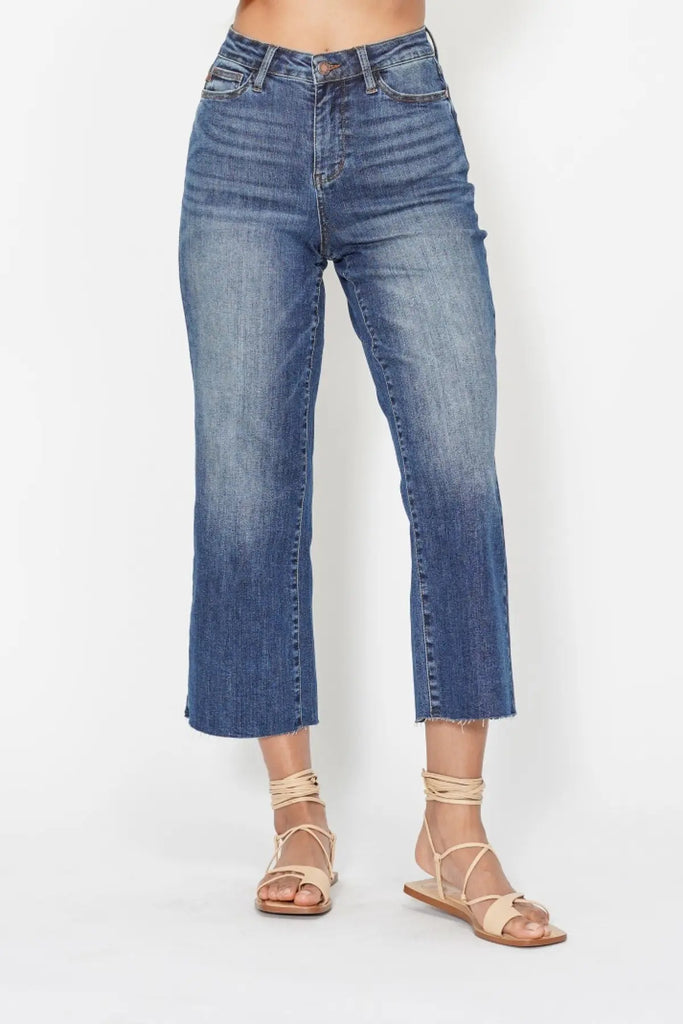 Judy Blue HW Back Pocket Embroidery Crop Wide Leg-Denim-Judy Blue-Three Birdies Boutique, Women's Fashion Boutique Located in Kearney, MO