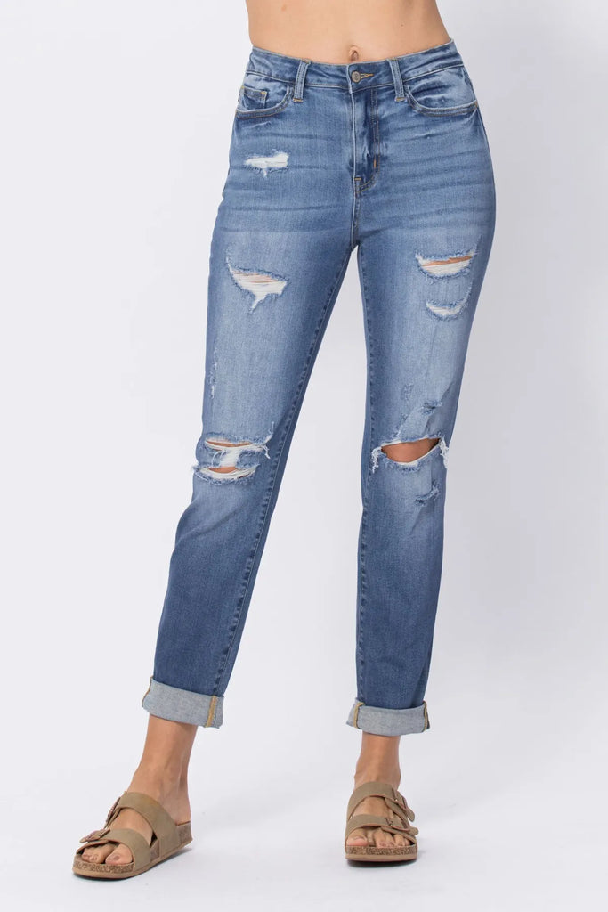 Judy Blue HW Cuffed Destroyed Boyfriend Jeans -Jeans-Judy Blue-Three Birdies Boutique, Women's Fashion Boutique Located in Kearney, MO