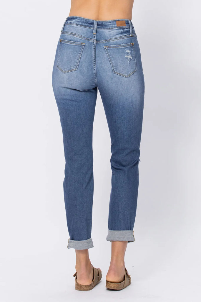 Judy Blue HW Cuffed Destroyed Boyfriend Jeans -Jeans-Judy Blue-Three Birdies Boutique, Women's Fashion Boutique Located in Kearney, MO
