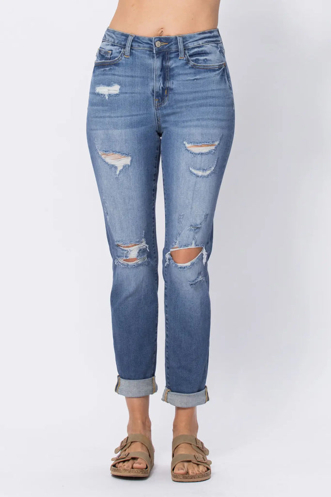 Judy Blue HW Cuffed Destroyed Boyfriend Jeans -Jeans-Judy Blue-Three Birdies Boutique, Women's Fashion Boutique Located in Kearney, MO