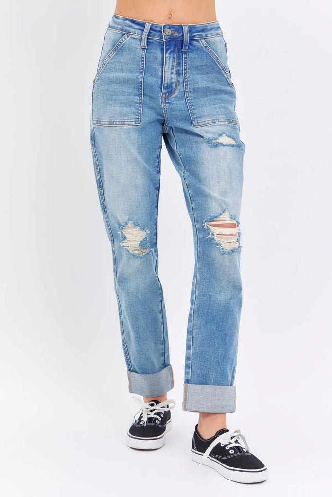 Judy Blue HW Patch Pocket & Destroy Boyfriend Jeans -Jeans-Judy Blue-Three Birdies Boutique, Women's Fashion Boutique Located in Kearney, MO