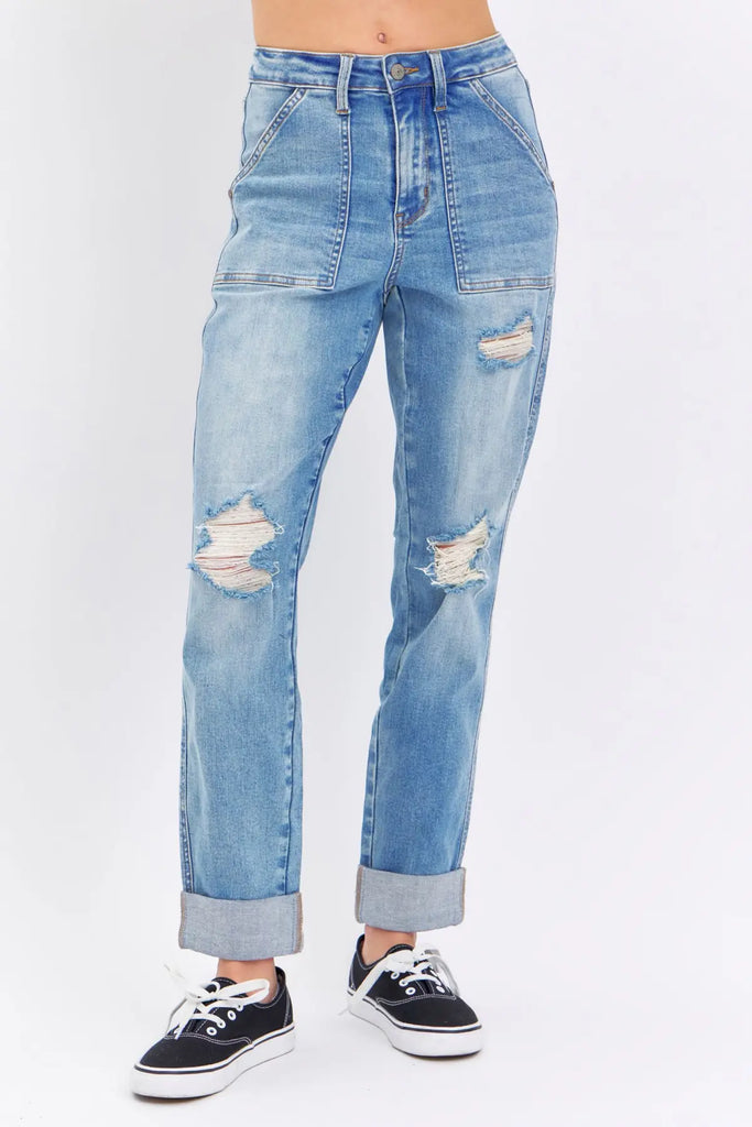 Judy Blue HW Patch Pocket & Destroy Boyfriend Jeans -Jeans-Judy Blue-Three Birdies Boutique, Women's Fashion Boutique Located in Kearney, MO