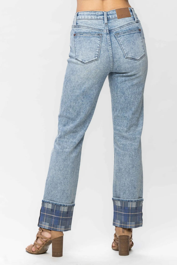 Judy Blue Vintage Plaid Cuff Straight Leg-Denim-Judy Blue-Three Birdies Boutique, Women's Fashion Boutique Located in Kearney, MO