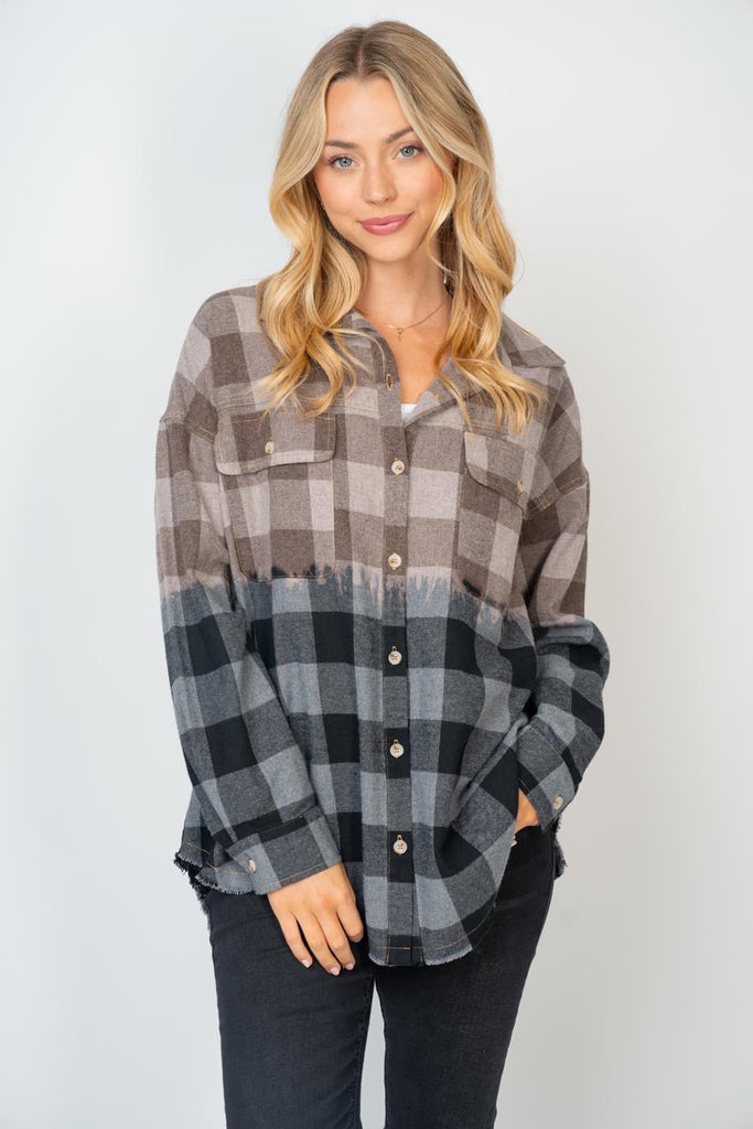 Bleached Dip-Dye Plaid Shirt-Sweater-White Birch-Three Birdies Boutique, Women's Fashion Boutique Located in Kearney, MO