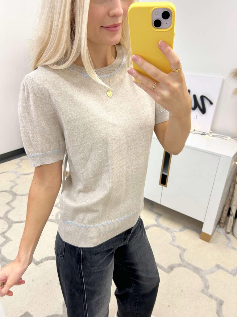 White Birch Oatmeal Short Sleeve Top-Shirts & Tops-White Birch-Three Birdies Boutique, Women's Fashion Boutique Located in Kearney, MO