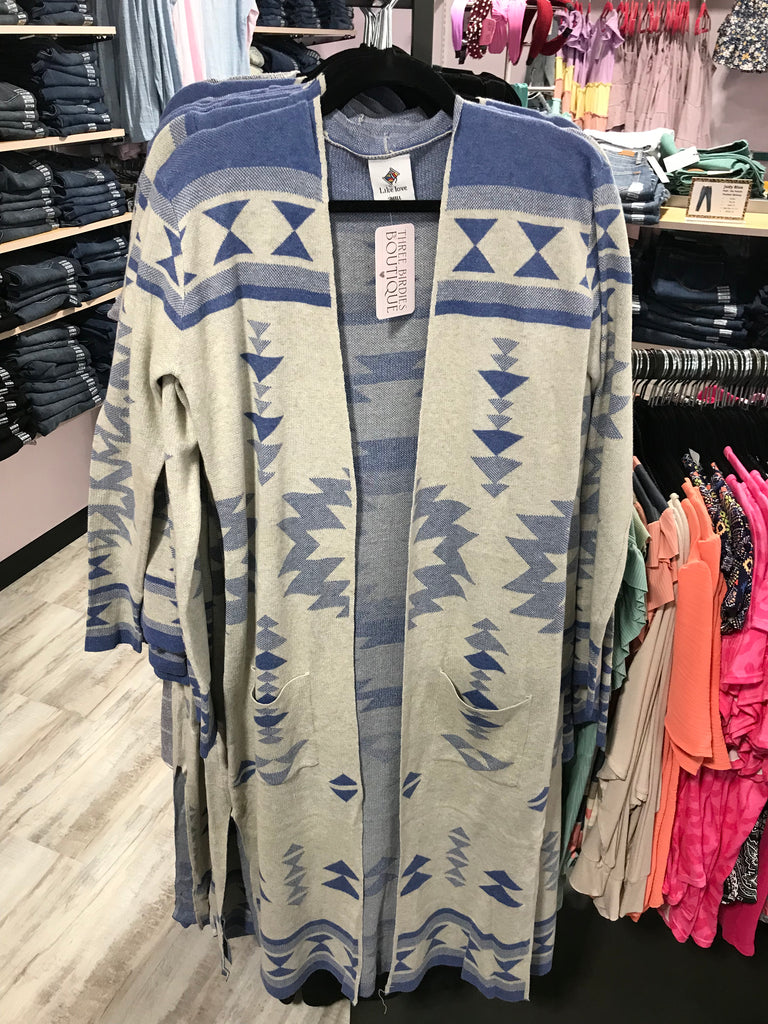 Aztec Print Long Cardigan-Cardigans-Sew In Love-Three Birdies Boutique, Women's Fashion Boutique Located in Kearney, MO