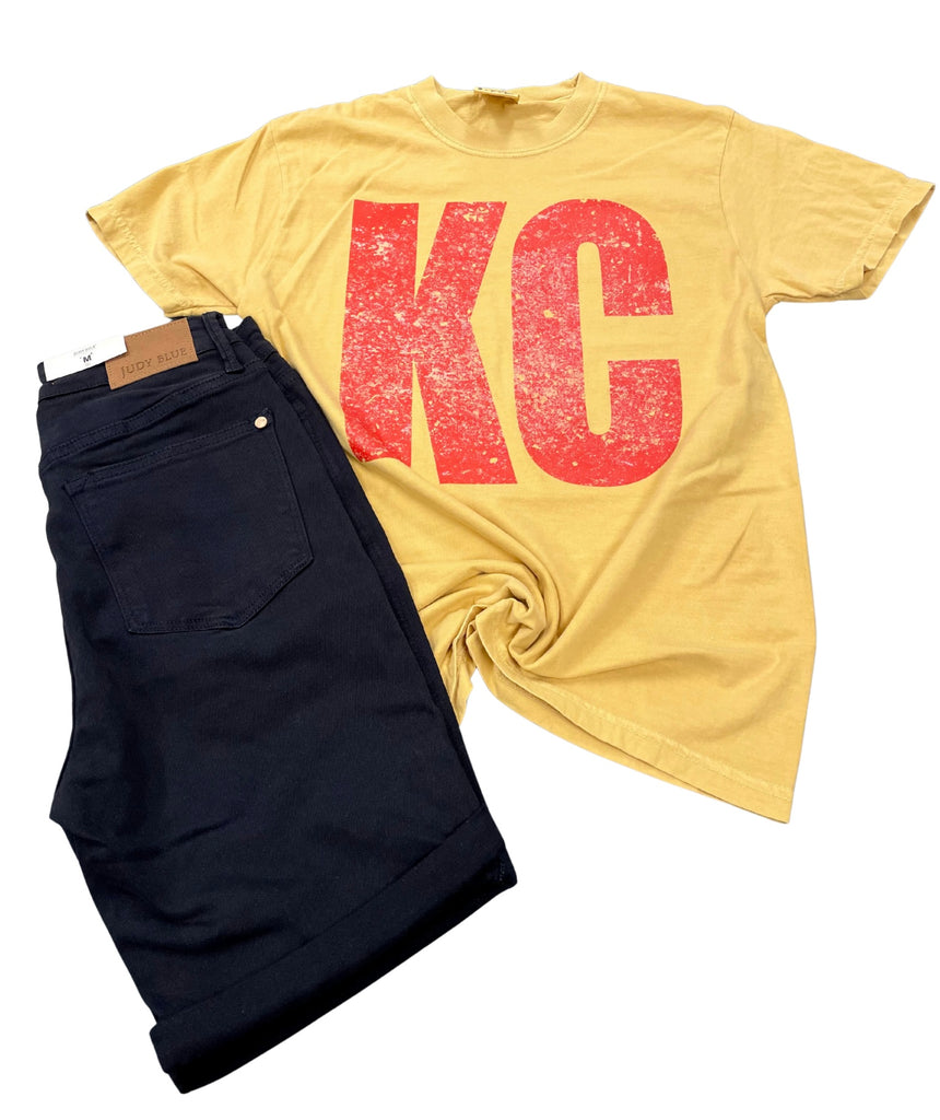 Red KC on Mustard Graphic Tee-Shirts & Tops-Tres Birdos Graphic Tees-Three Birdies Boutique, Women's Fashion Boutique Located in Kearney, MO