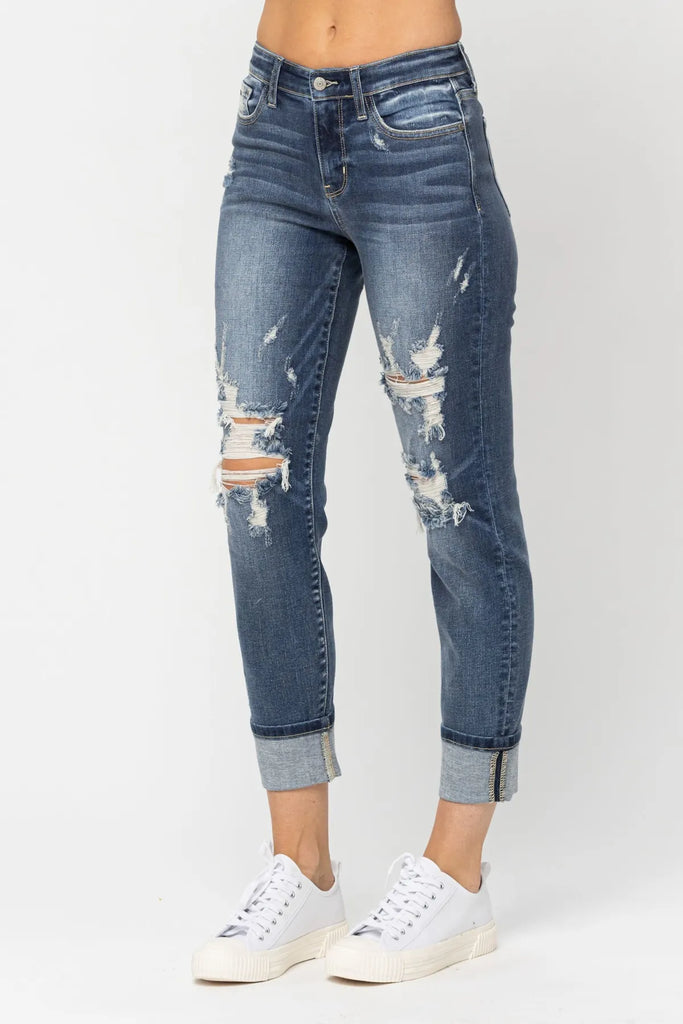 Judy Blue MR Cuffed Destroy Boyfriend Jeans -Jeans-Judy Blue-Three Birdies Boutique, Women's Fashion Boutique Located in Kearney, MO