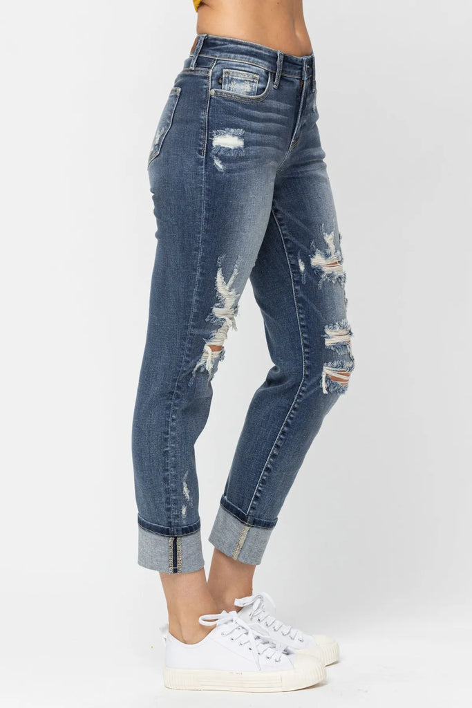 Judy Blue MR Cuffed Destroy Boyfriend Jeans -Jeans-Judy Blue-Three Birdies Boutique, Women's Fashion Boutique Located in Kearney, MO