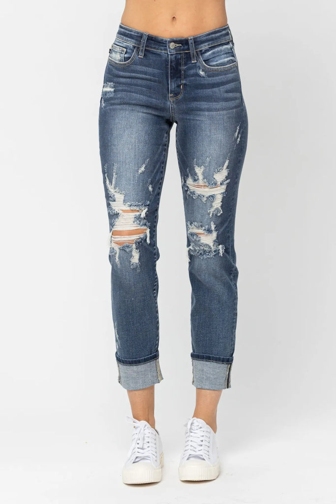 Judy Blue MR Cuffed Destroy Boyfriend Jeans -Jeans-Judy Blue-Three Birdies Boutique, Women's Fashion Boutique Located in Kearney, MO