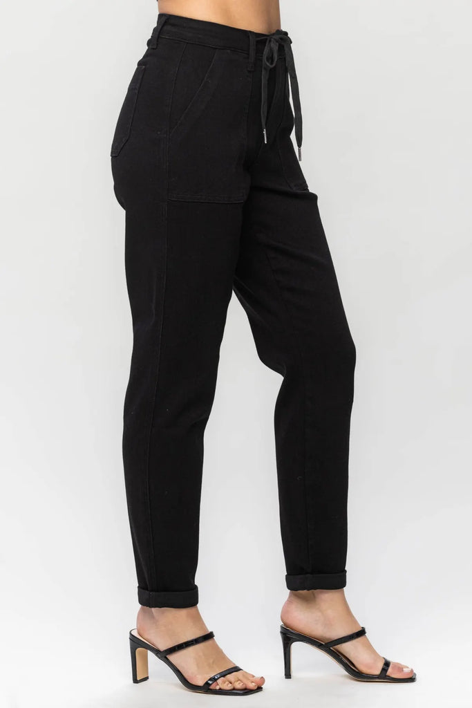 Judy Blue Jet Black Double Roll Cuff Jogger-Denim-Judy Blue-Three Birdies Boutique, Women's Fashion Boutique Located in Kearney, MO