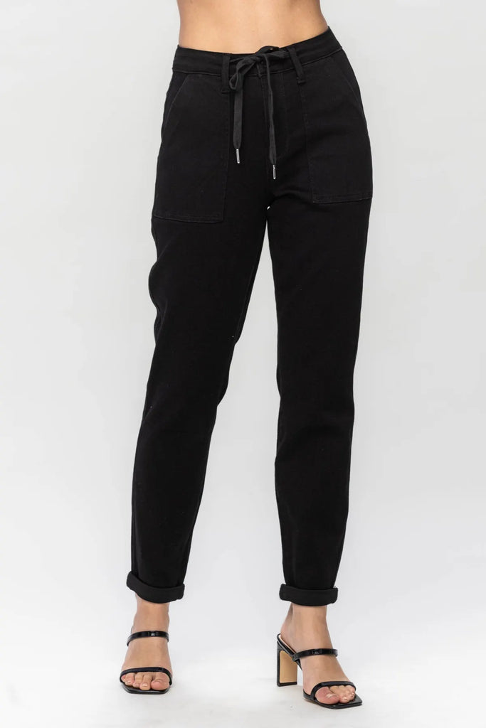 Judy Blue Jet Black Double Roll Cuff Jogger-Denim-Judy Blue-Three Birdies Boutique, Women's Fashion Boutique Located in Kearney, MO