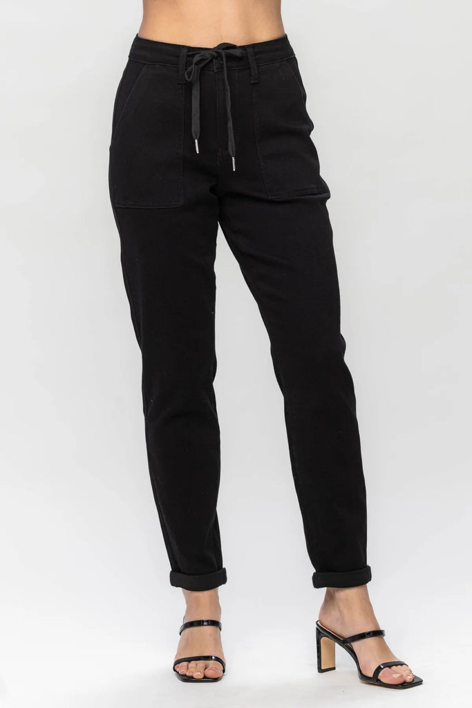Judy Blue Jet Black Double Roll Cuff Jogger-Denim-Judy Blue-Three Birdies Boutique, Women's Fashion Boutique Located in Kearney, MO
