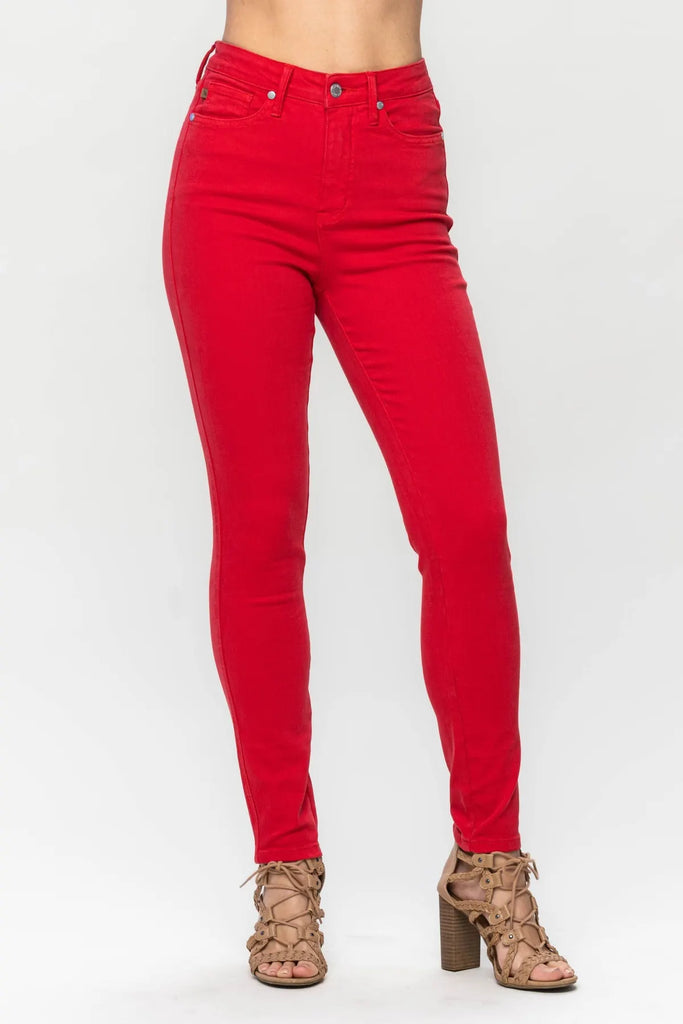 Judy Blue Red Garment Dyed Skinny-Denim-Judy Blue-Three Birdies Boutique, Women's Fashion Boutique Located in Kearney, MO