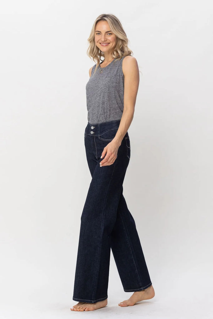 Judy Blue Geometric Waistband Wide Leg-Denim-Judy Blue-Three Birdies Boutique, Women's Fashion Boutique Located in Kearney, MO