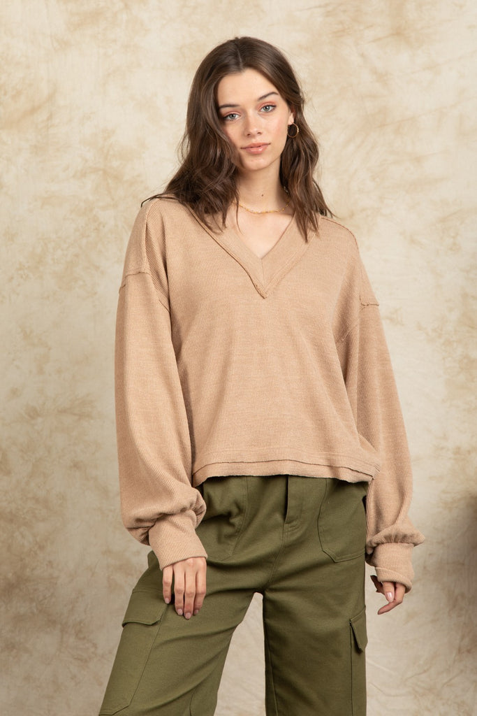 Relaxed Fit V Neck Knit Top in Mocha-Shirts & Tops-Very J-Three Birdies Boutique, Women's Fashion Boutique Located in Kearney, MO
