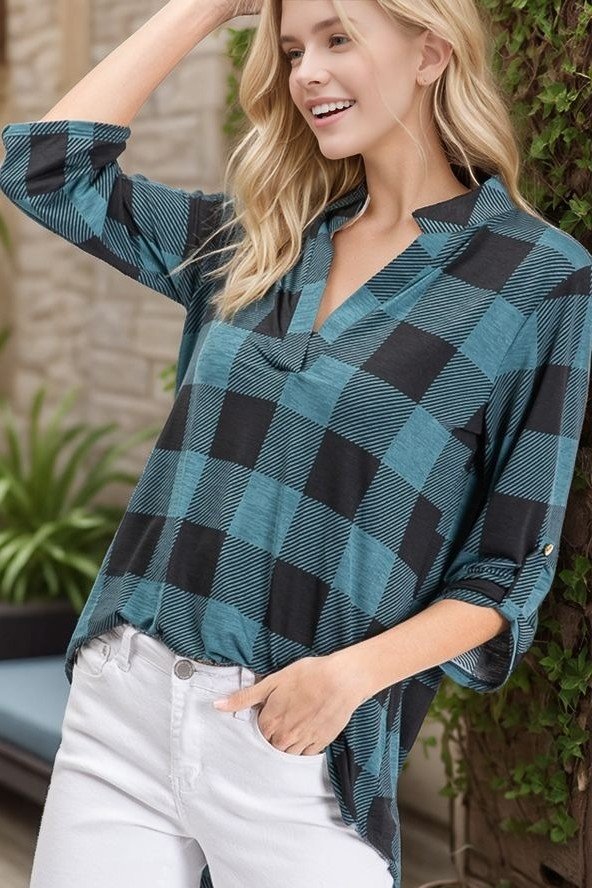 Plaid 3/4 Sleeve Blouse Black/Teal { product_type }}