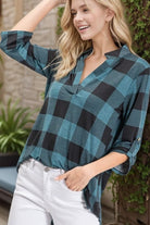 Plaid 3/4 Sleeve Blouse Black/Teal { product_type }}