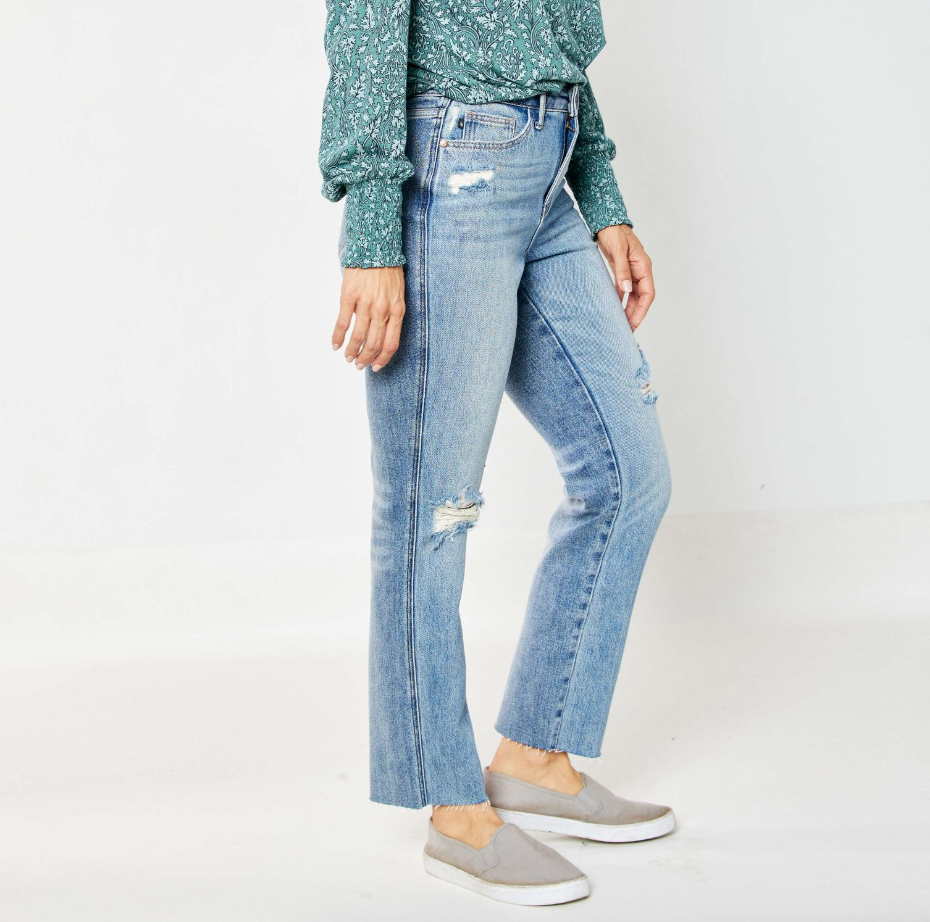 Judy Blue Rigid Magic Destroyed Straight Leg Jeans-Denim-Judy Blue-Three Birdies Boutique, Women's Fashion Boutique Located in Kearney, MO