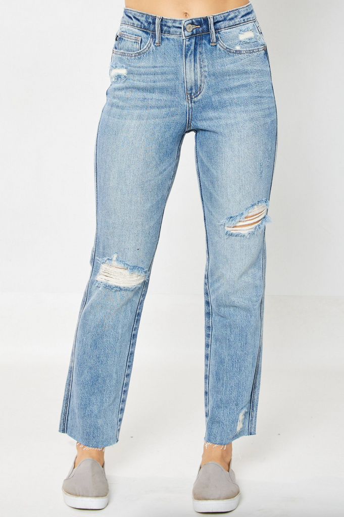 Judy Blue Rigid Magic Destroyed Straight Leg Jeans-Denim-Judy Blue-Three Birdies Boutique, Women's Fashion Boutique Located in Kearney, MO