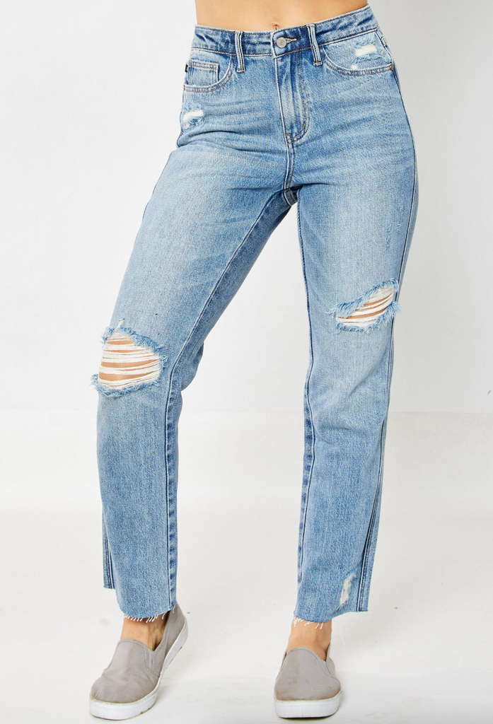 Judy Blue Rigid Magic Destroyed Straight Leg Jeans-Denim-Judy Blue-Three Birdies Boutique, Women's Fashion Boutique Located in Kearney, MO