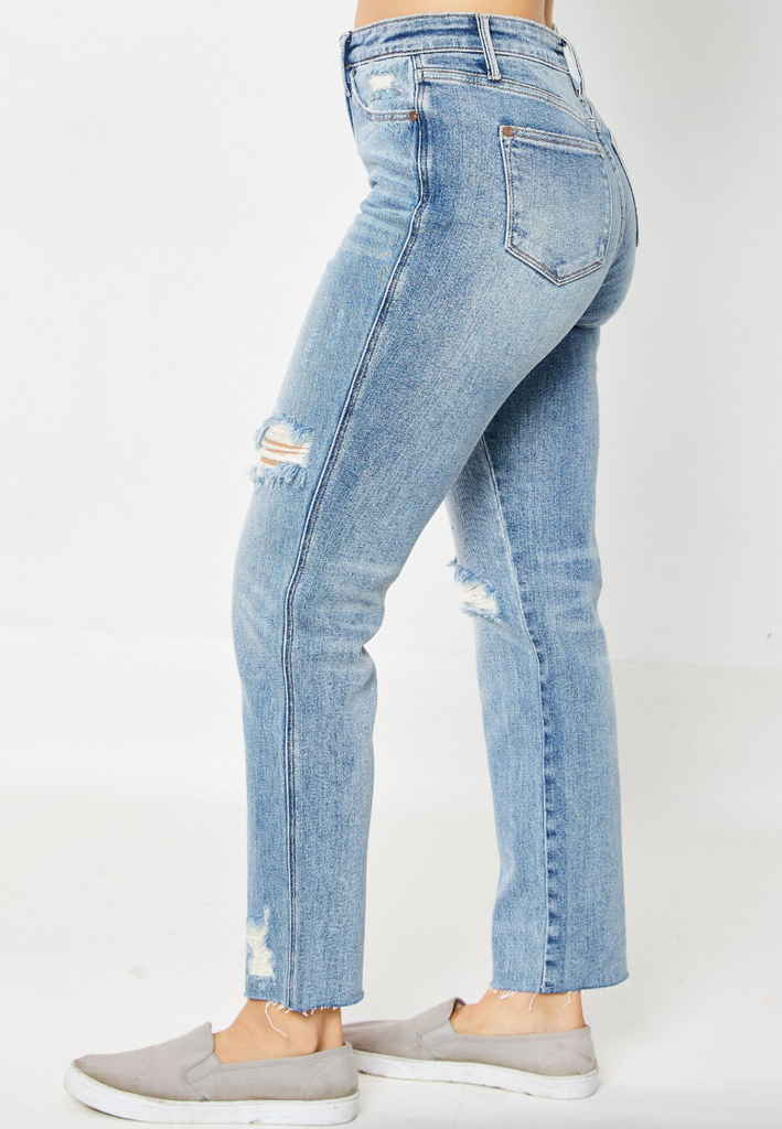 Judy Blue Rigid Magic Destroyed Straight Leg Jeans-Denim-Judy Blue-Three Birdies Boutique, Women's Fashion Boutique Located in Kearney, MO